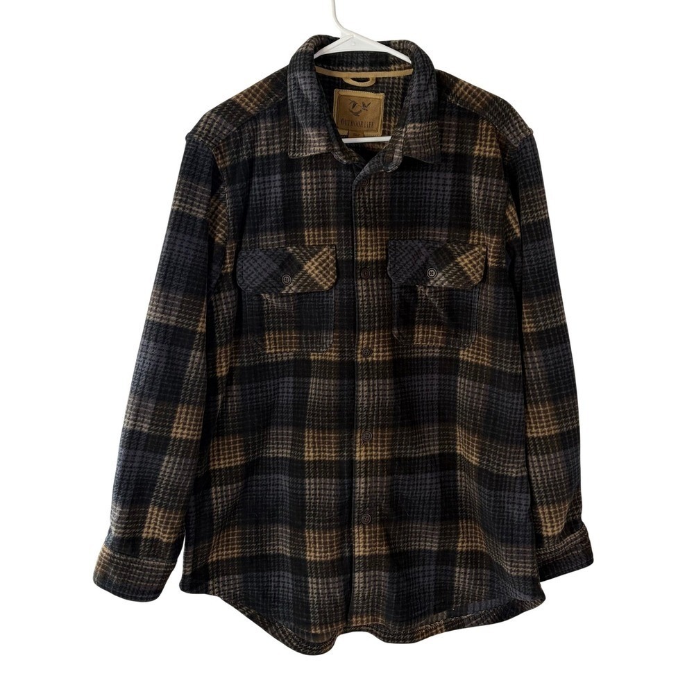 Outdoor Life Mens Fleece Flannel Shirt Brown Blue Plaid Button Down Large